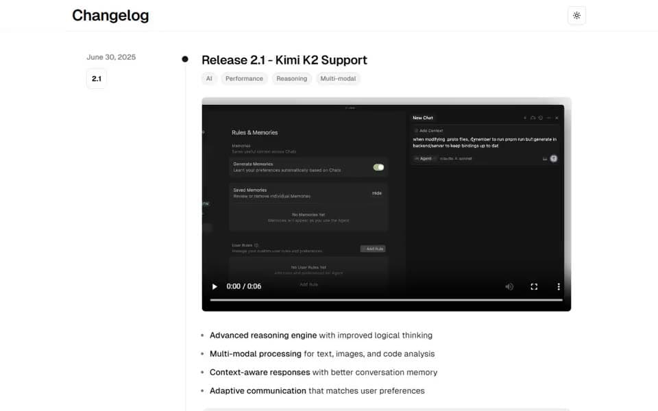 Product Changelog website template preview